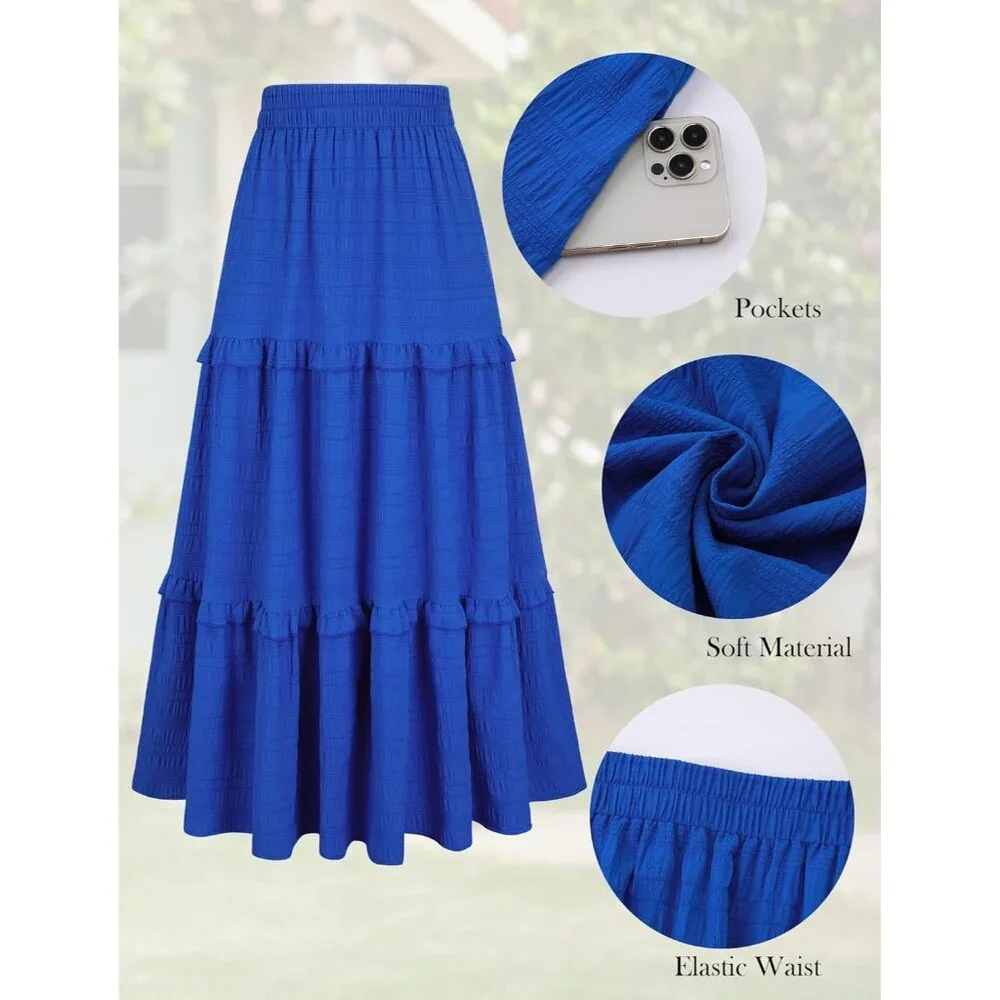 Women's Royal Blue Casual Elegant A Line Flowy Ruffle Tiered Pockets Maxi Skirt - Picture 3 of 5
